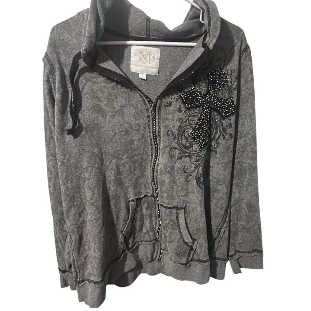 Maurices Premium Gray Acid Wash Rhinestone Cross Zip Up Hoodie Y2K Grunge Size 2